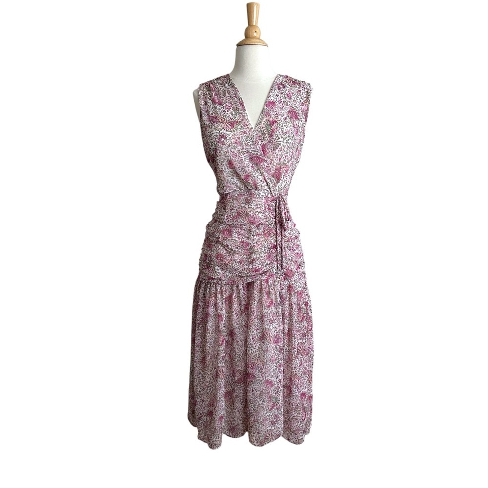 ANN TAYLOR Floral Chiffon Ruched Flare MIDI Dress Surplice Neck Cottagecore 8P‎ - Picture 2 of 16
